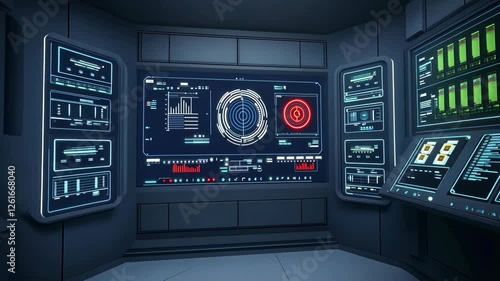 Wallpaper Mural Futuristic Control Room with Digital Screens Displaying Data and Graphs High Tech Interface with Circular and Bar Graphs for Sci Fi Atmosphere Torontodigital.ca