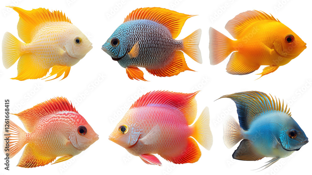 Fototapeta premium Rainbow Fish Array: A captivating visual display of six vibrantly colored fish, showcasing a spectrum of hues from golden yellows and radiant oranges to soft pinks and oceanic blues.