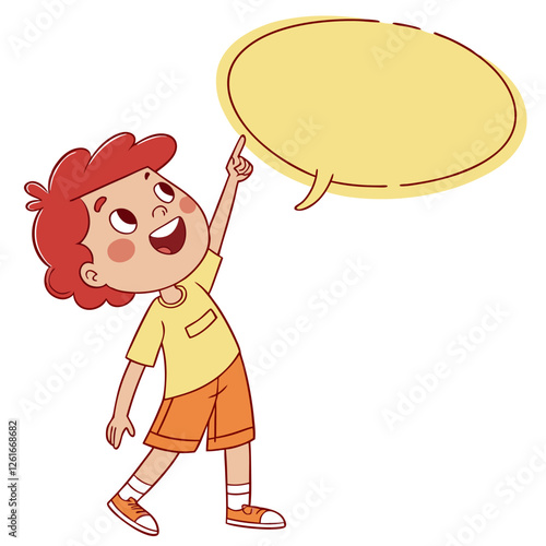 Playful Boy Pointing at Large Speech Bubble