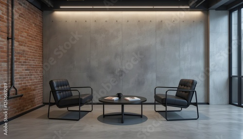 Minimalist industrial-style waiting area featuring black leather chairs, a sleek round table, and exposed brick walls. Perfect for office, business, or interior design mockups.