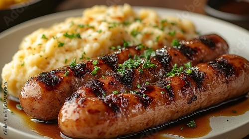 Grilled Sausages Served with Mashed Potatoes and Parsley Garnish. Generative AI