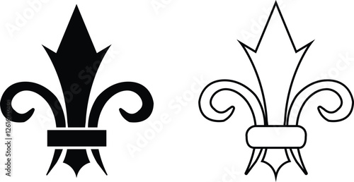 Fleur de Lys symbols or Fleur de Lis vector icon set ornament Silhouette isolated on transparent background. Flower Lily Royal Medieval Heraldic french symbol. Classic emblems flower art pattern.