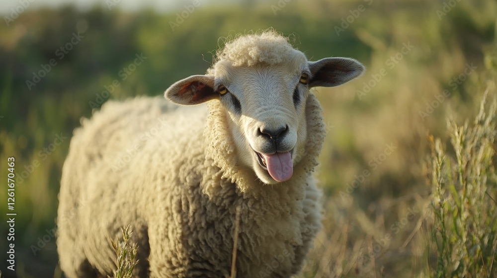 Sheep playfully sticking out its tongue, a moment of lighthearted charm. Sheep playfully sticking out its tongue, a moment of lighthearted charm.