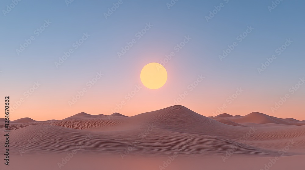 Serene desert landscape at sunset with soft dunes and a glowing sun illuminating the horizon Serene desert landscape at sunset with soft dunes and a glowing sun illuminating the horizon
