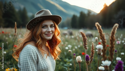 girl in a field full of wild plants and flower