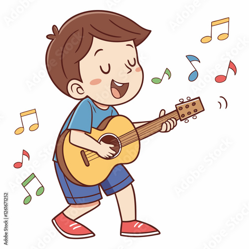 Joyful Young Boy Playing Acoustic Guitar Singing a Melody