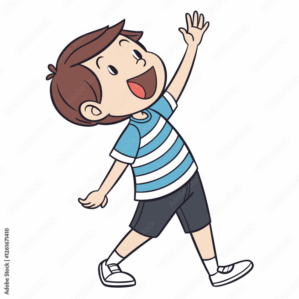 Cheerful Boy Walking and Waving: A Joyful Cartoon Illustration Cheerful Boy Walking and Waving: A Joyful Cartoon Illustration