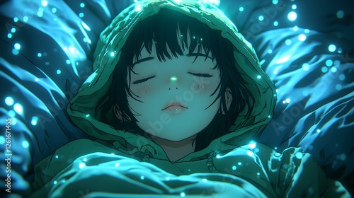 Anime Girl Sleeping Peacefully in Bed with Magical Glowing Lights