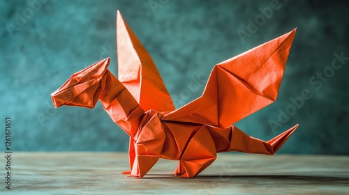 Colorful origami dragon on wooden surface. photo