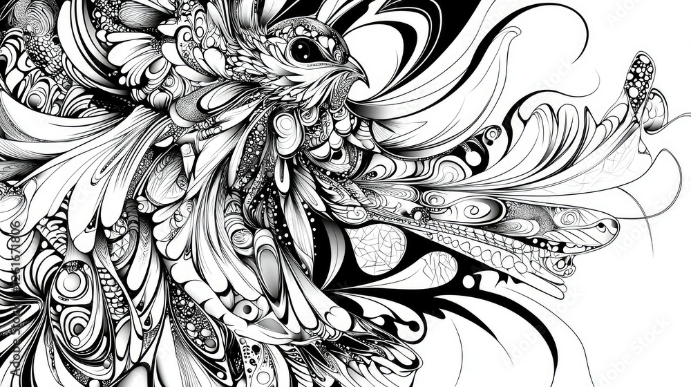 Abstract Black and White Bird Illustration with Artistic Swirls Abstract Black and White Bird Illustration with Artistic Swirls