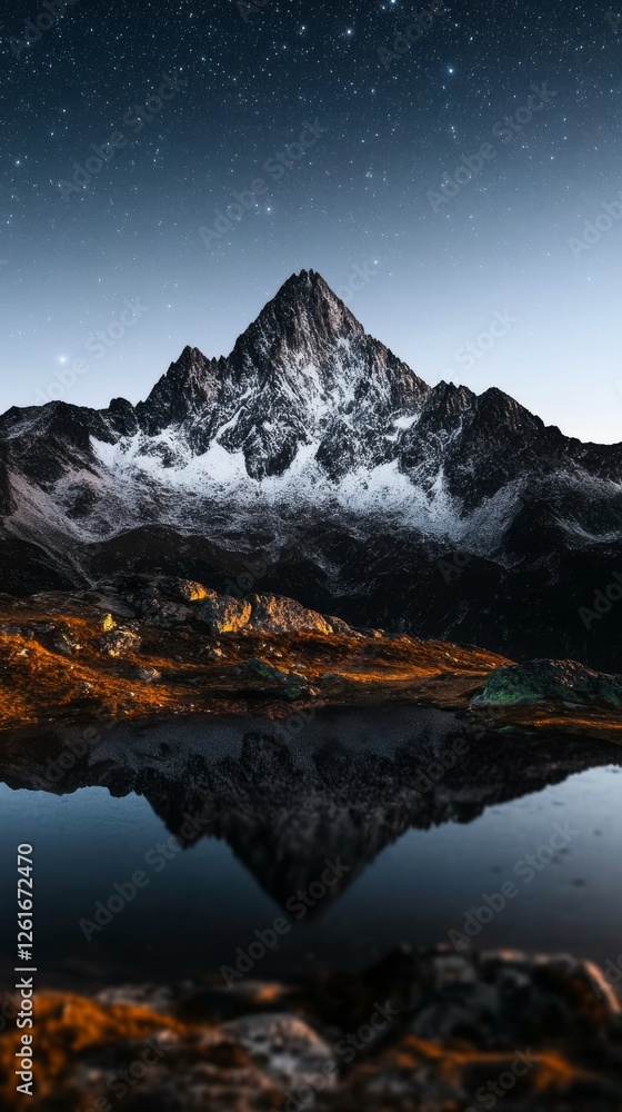 Obraz premium Snow-capped mountain peak reflected in a serene lake under a starry night sky.
