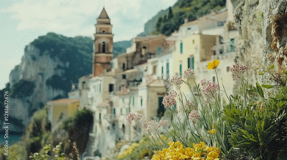 Fototapeta premium Atrani town's vibrant charm, a serene coastal retreat