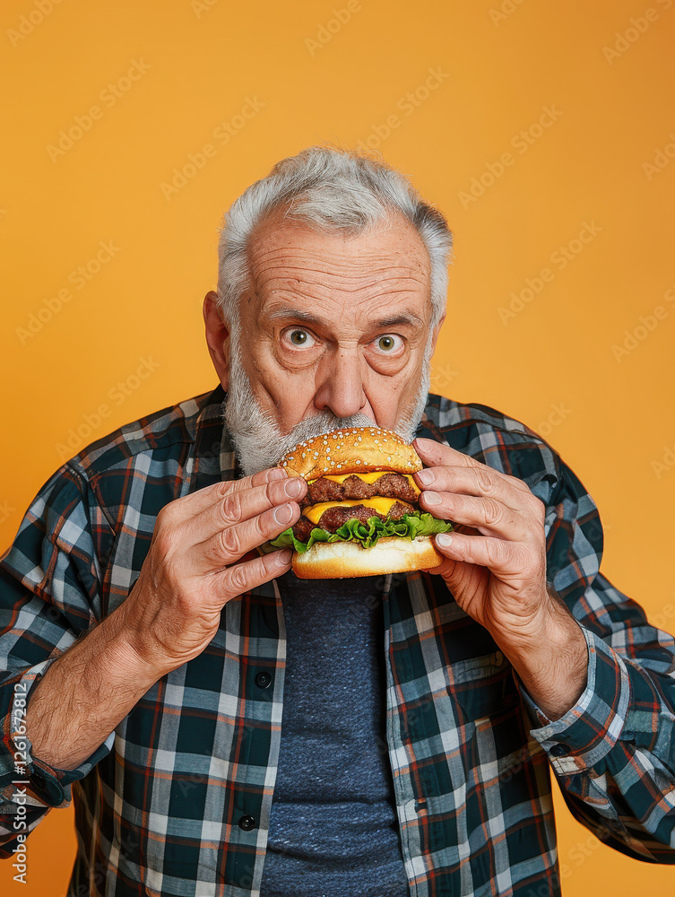 An older man excitedly prepares to eat a large hamburger against a bright orange background. An older man excitedly prepares to eat a large hamburger against a bright orange background.