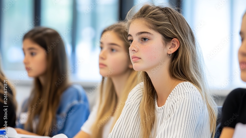 Schoolgirls attentively studying in a classroom, embodying focus and dedication to learning. Schoolgirls attentively studying in a classroom, embodying focus and dedication to learning.
