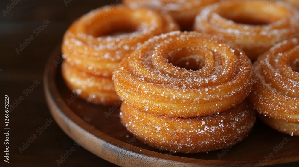 Golden Sugar-Coated Churros on a Wooden Plate. Generative AI Golden Sugar-Coated Churros on a Wooden Plate. Generative AI