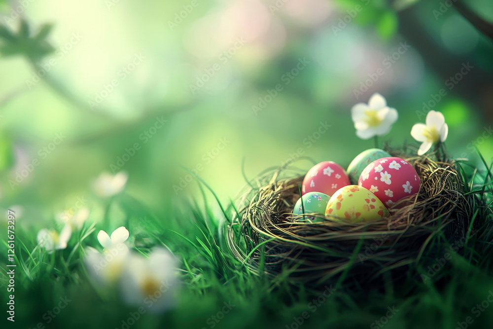 a nest of colorful easter eggs in meadow. Picture for holiday, happy easeter concept. generative AI.