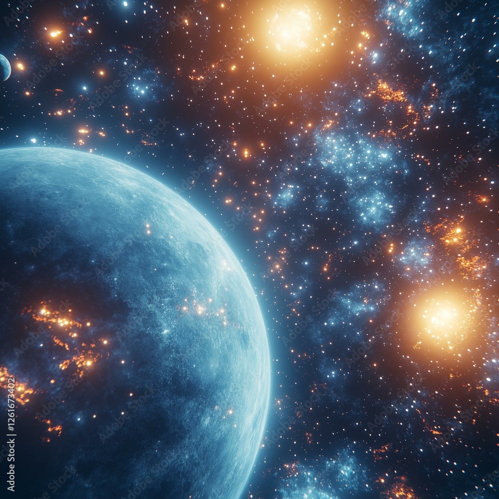 Obraz premium A breathtaking view of a distant planet surrounded by stars and nebulae in the vast expanse of space