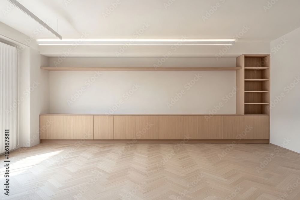 Modern empty room, herringbone floor, built-in shelving, sunlight Modern empty room, herringbone floor, built-in shelving, sunlight