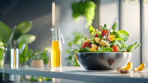 Fresh Spinach Salad with Strawberries, Nuts, and Honey Dressing in a Modern Bright Setting photo