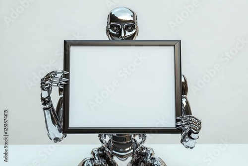 Sleek humanoid robot with chrome arms symmetrically holds a blank white sheet in a beveled matte black frame on white.