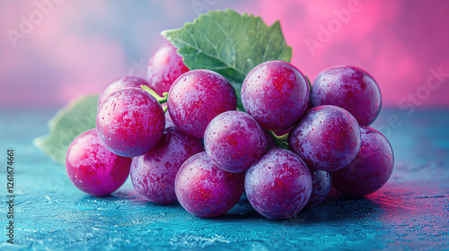 Wallpaper Mural Close-up of a bunch of ripe red grapes with green leaves on a blue surface against a pink and purple background. Torontodigital.ca