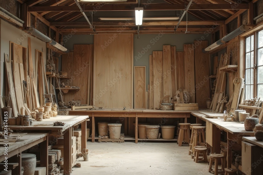 Rustic woodworking workshop with wooden shelves, tools, and logs
Rustic woodworking workshop with wooden shelves, tools, and logs