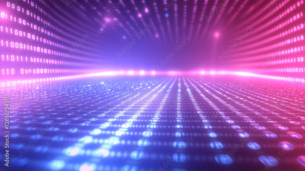 Fototapeta premium Binary code flows in a digital landscape of pink and blue