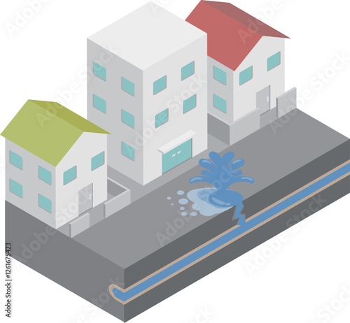 アイソメトリックな住宅街の水道管が破裂して水が噴き出しているイメージ素材