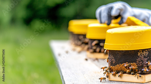 Apiary Beehives with Protective Gear and Swarming Bees on Hive Lids in Natural Setting View