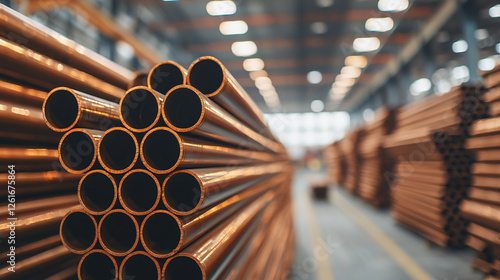 Copper Metal Pipe Stacks in Factory Warehouse Storage for Industrial Materials Supply Inventory photo