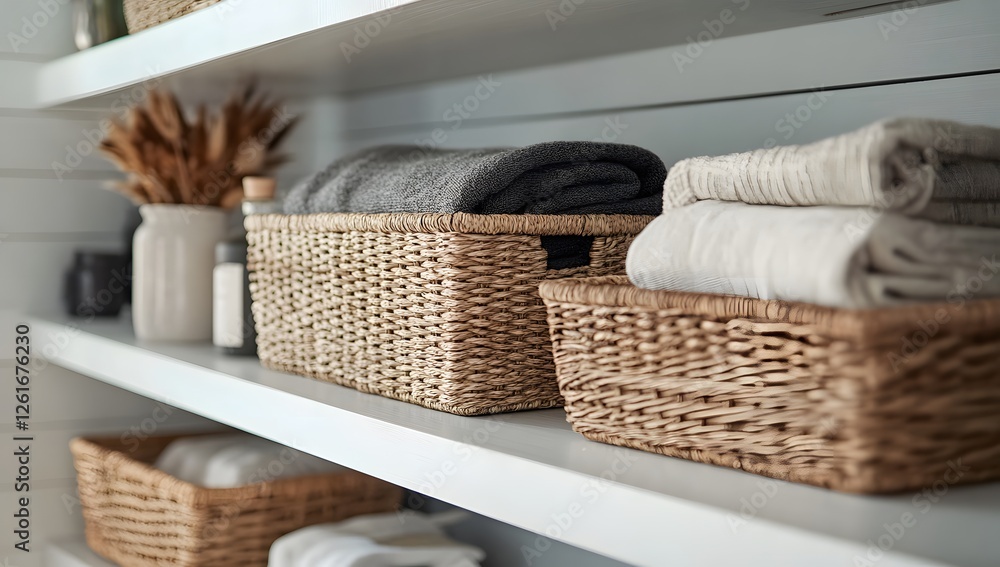 Obraz premium Organized woven baskets on white shelves, showcasing clean laundry