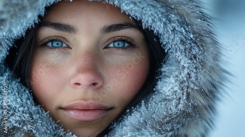 Close-up of Young Woman with Frosted Hood in Snowy Landscape. Generative AI photo