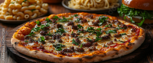 Hearty Pizza With Sauteed Meat Toppings On Rustic Wooden Board photo