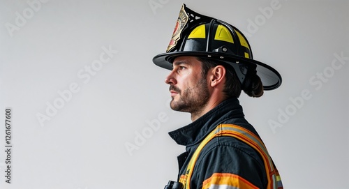 Firefighter man side view portrait on plain white background