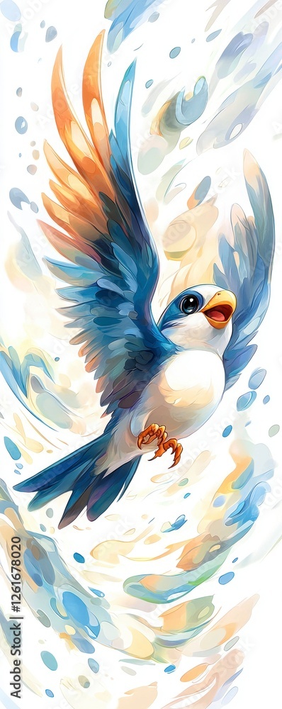 Fototapeta premium Vibrant flying bird illustration nature scene digital art colorful background whimsical viewpoint