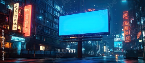 Fototapeta Naklejka Na Ścianę i Meble -  Empty billboard in neon-lit Asian city street at night
