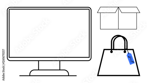 Monitor screen, shopping bag with price tag, and open box. Ideal for e-commerce, online shopping, digital retail, order fulfillment, customer service delivery and retail technology. An abstract