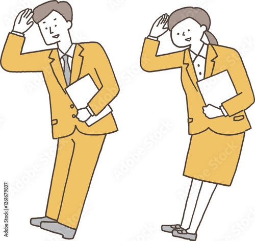 笑顔で辺りを見るスーツ姿の男女単色