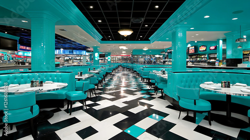 Retro Diner Interior with Booth Seating and Black and White Checkerboard Floor Pattern photo