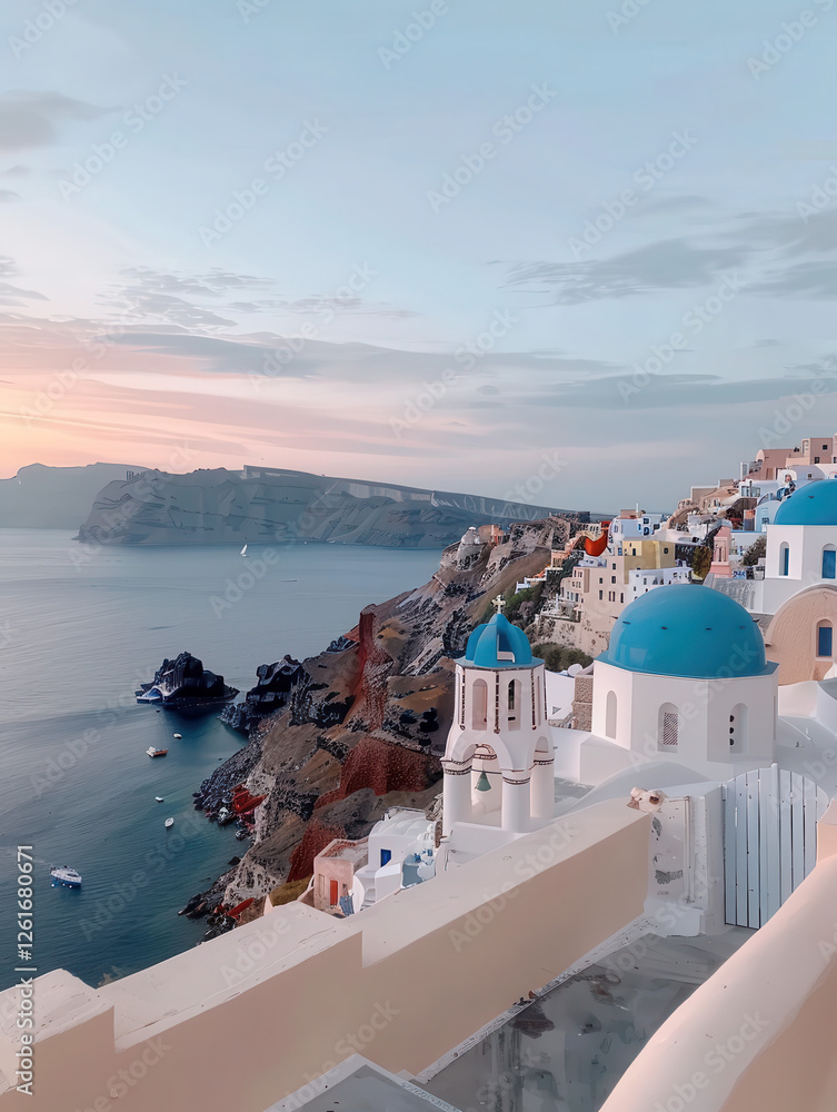 Obraz premium Scenic view of coastal buildings with blue domes overlooking the sea at sunset.