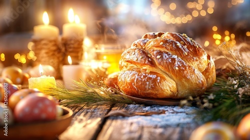 Freshly Baked Bread on a Wooden Table with Candles and Ornaments. Generative AI photo