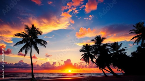 Sandy beach and palm trees silhouette against vibrant sunrise sky over the ocean, perfect for paradise holiday, silhouette, sunrise, clouds