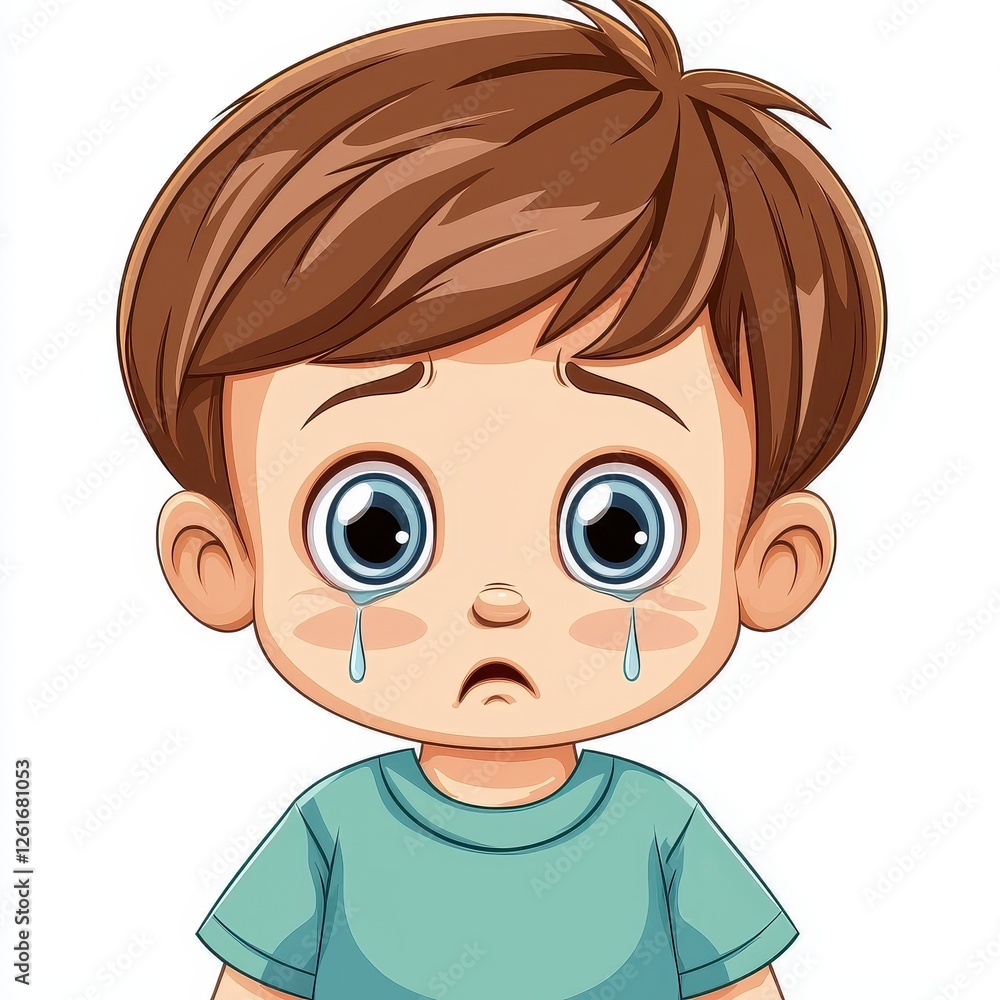 Sad Cartoon Child with Big Teary Eyes Expressing Emotion Sad Cartoon Child with Big Teary Eyes Expressing Emotion