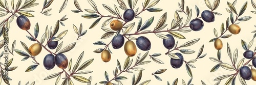 Seamless olive green pattern with hand drawn olives branches for food and beauty packaging, textile design, wrapping paper, olive tree, texture, branches