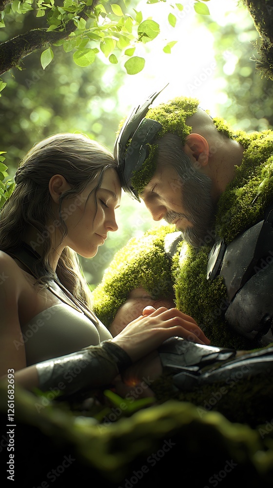 Obraz premium Couple resting, forest glade, tender moment, romantic