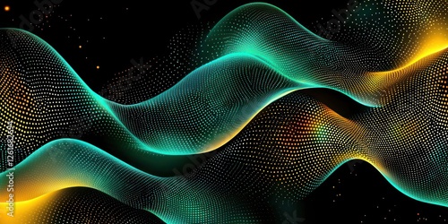 Neon streaks and metallic flashes accentuate the merging gradients of black, emerald, yellow, and teal.