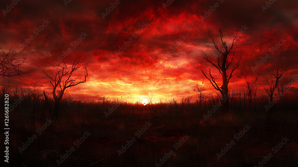 Fototapeta premium Scorched Earth Dramatic Sky Dark Trees Silhouette at Sunset Bleak Landscape Artistic Impression