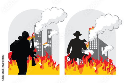 Vector illustration of soldiers on the battlefield with a background of burning buildings exploding due to bombs