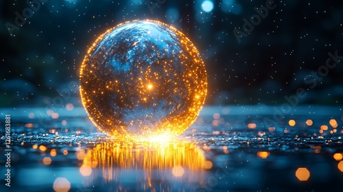 Glowing Orb Reflection on Water Surface at Night with Bokeh Lights