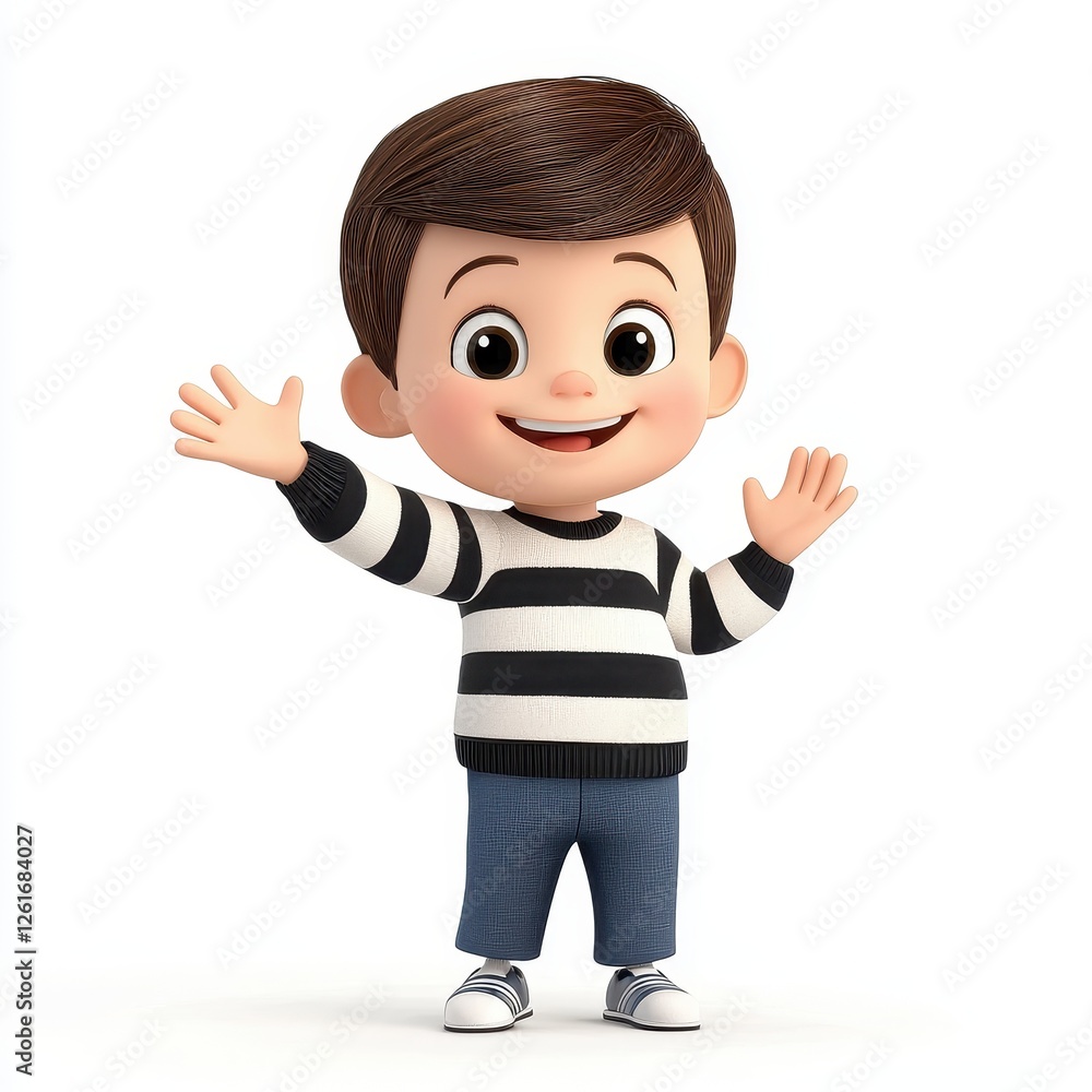 Smiling Cartoon Boy in Striped Sweater Waving Cheerfully